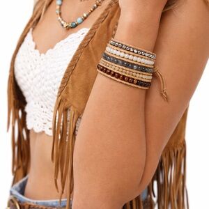 Lizou Gold & Stone Mix Wrap Bracelet Handmade Boho Leather Wrap Stackable NWT